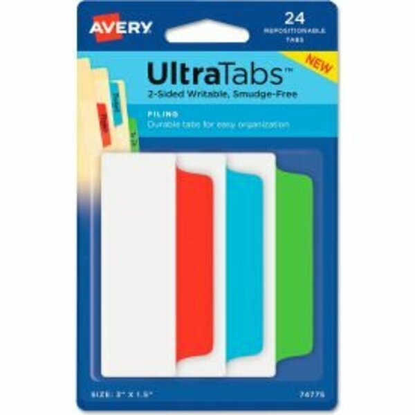 Avery Dennison Avery Ultra Tabs Repositionable Tabs, 3in x 1-1/2in, Primary: Blue, Green, Red, 24/Pack 74775